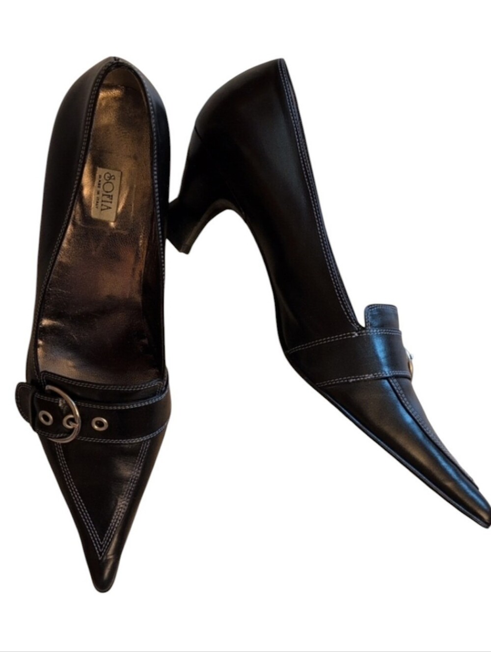 Sofia Italy Vintage Point Toe Kitten Heel Pump Sculptural Black Leather 10